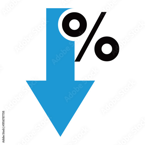 下降矢印とパーセント記号のビジネスアイコン（2色・青・減少率・下落率・割引・トレンド）