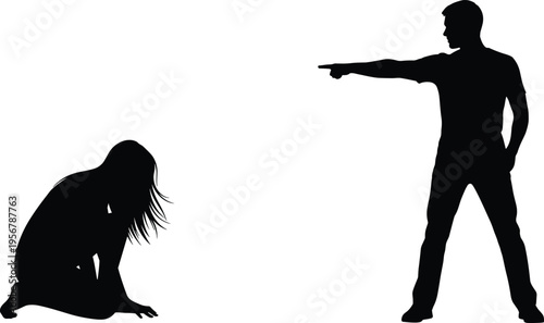 Domestic violence silhouette concept, man pointing accusing woman kneeling crying, abuse conflict relationship problem social issue vector illustration
