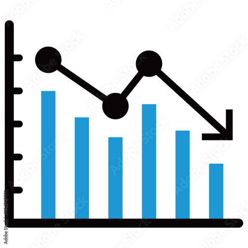 棒グラフと下降矢印付き折れ線のビジネスアイコン（2色・青・複合分析・右肩下がり・減少・損失・下落トレンド）