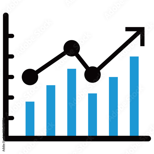 棒グラフと上昇矢印付き折れ線のビジネスアイコン（2色・青・複合分析・右肩上がり・成長・実績・目標達成）