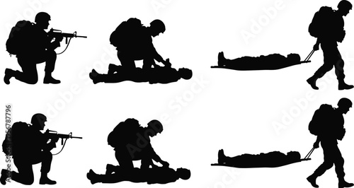 Military soldier medic rescuing wounded teammate battlefield first aid evacuation dragging stretcher combat casualty tactical army silhouette set illustration