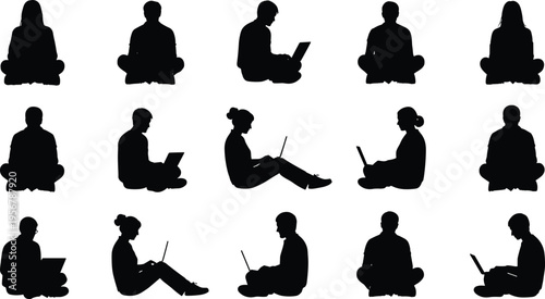 People sitting on floor using laptop silhouettes set, men and women working remotely isolated black human figures vector