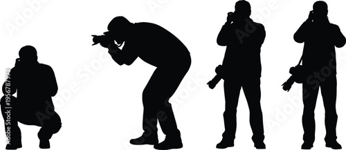 Professional photographer silhouette set, man taking photos with camera, photojournalist shooting images, photography hobby and media concept