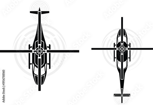 Two black helicopter silhouettes from top view on white background, minimalist aircraft icons with rotor blades and tail propeller details, aviation.