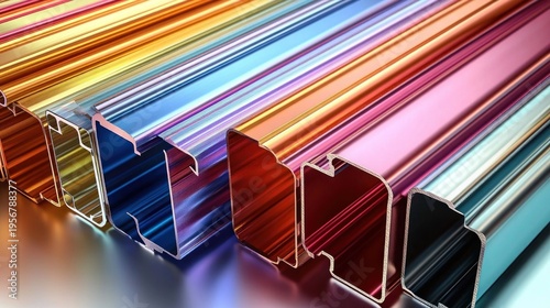 vibrant gleaming multicolored metal extrusion profiles with hollow cross-sections and glossy reflective finish arranged in a diagonal row, bold and dynamic