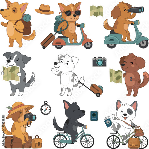 Cute Cartoon Traveling Dogs Character Set with Backpack Map Scooter Bicycle Camera Adventure Puppy Vector Illustration Collection
