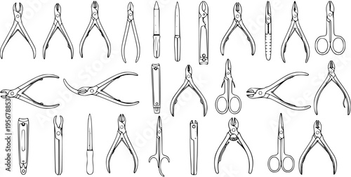 Hand-drawn vector illustration set of essential manicure and pedicure tools including nail clippers, cuticle nippers, nail files, and scissors, isolated on a white background.
