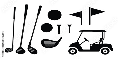 Collection of black silhouette golf equipment and golf cart on white clubs balls