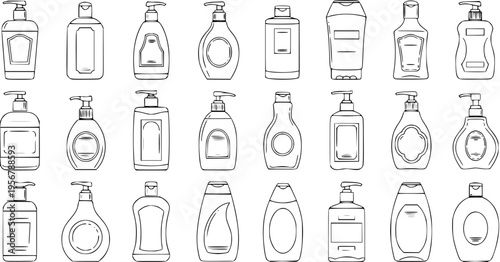 Collection of diverse line art soap and shampoo bottles with pump dispensers and various cap types, representing personal care, cosmetic, and hygiene product packaging outlines.