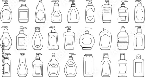 Hand drawn outline set of various liquid soap, shampoo, and lotion dispenser bottles. A collection of diverse cosmetic and hygiene product containers for bath and body care.