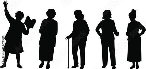 Silhouettes of five women of different ages and activities on white group people