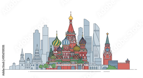 Moscow Kremlin colorful illustration drawing.