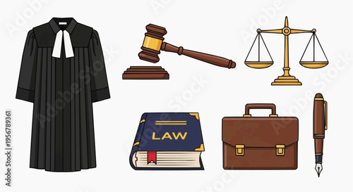 Legal equipment set, including a gavel, scales of justice, law book, briefcase, pen, and robe
