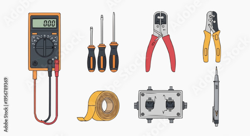 A collection of electrician tools including a multimeter, screwdrivers, pliers, and tape, essential for electrical work