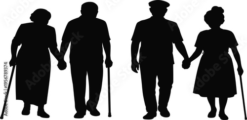 Silhouettes of two elderly couples holding hands with canes on white background Keywords: elderly couple, senior couple, old