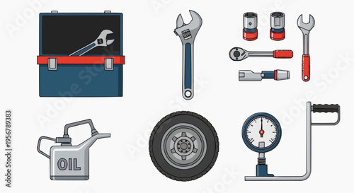 A collection of tools for repair and maintenance, including a toolbox, wrenches, and a tire