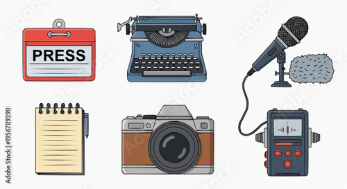 Journalism icons: press sign, typewriter, microphone, notepad, camera, and voice recorder on the screen