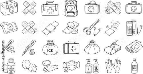 Medical First Aid Kit Supplies Icons Set: Bandages, Scissors, Thermometer, Medicine, Gloves