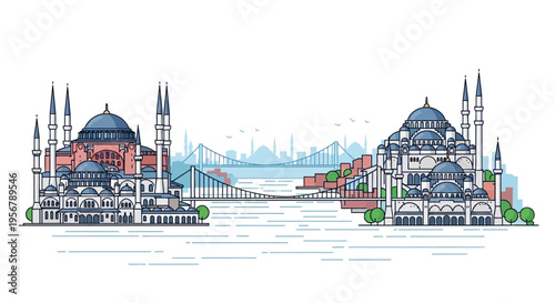 Mosques with domes and minarets standing.