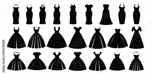 Variety of black silhouette formal dresses and ballgowns on a white background Keywords: dress, gown, formal wear, evening dress