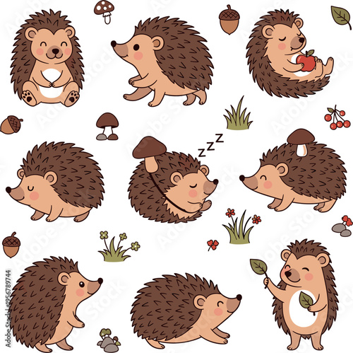 Cute Cartoon Hedgehog Character Set with Different Poses Sleeping Walking Holding Apple Forest Woodland Animal Vector Illustration Collection