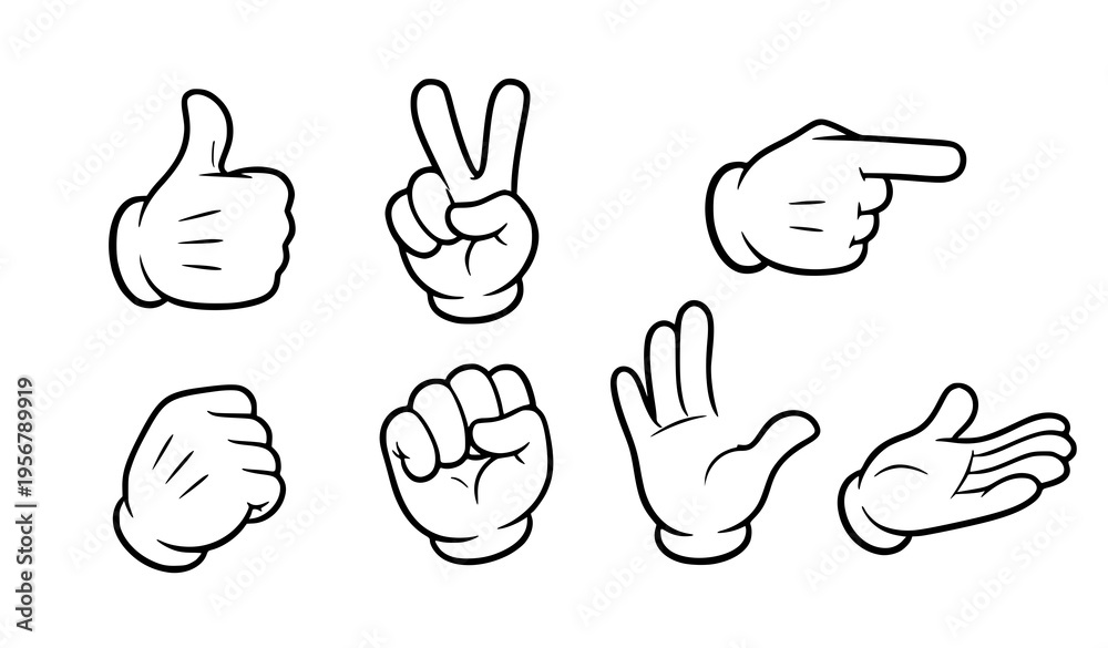 Fototapeta premium Cartoon white glove hands gesture set thumbs up peace pointing fist open palm vector illustration