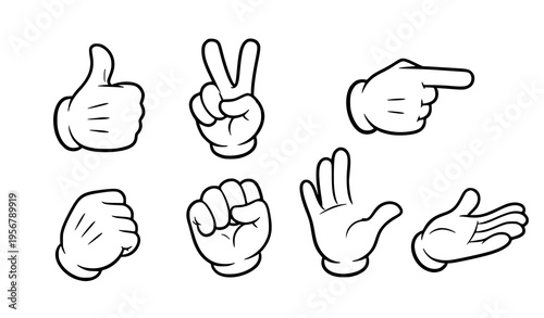 Cartoon white glove hands gesture set thumbs up peace pointing fist open palm vector illustration