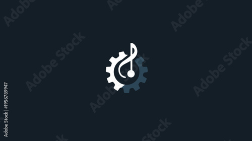 A minimalist logo featuring a musical note integrated within a gear symbol on a dark background