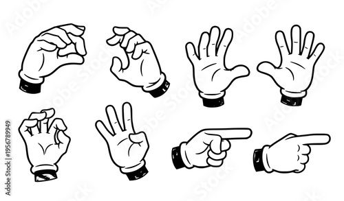 Funny cartoon glove hand gestures collection expressive white gloves vector icon set