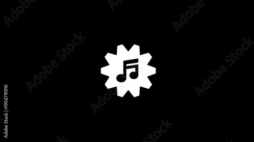 A white music note is embedded within a gear, centered on a black background
