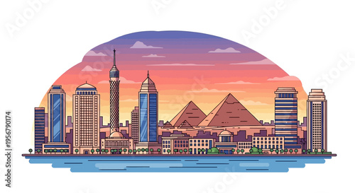 Pyramids of Giza cityscape illustration.