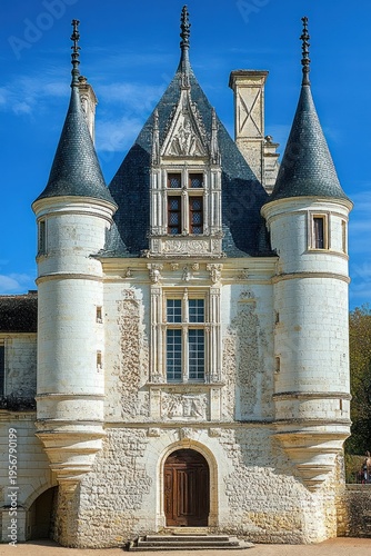 Medieval stone castle gatehouse with two round towers, conical roofs, ornate windows, and an arched wooden door under a bright blue sky