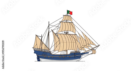 Sailing Ship with Blue Hull Sails.