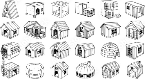 Hand-drawn collection of various pet houses, animal shelters, and outdoor structures like dog kennels, cat homes, bird cages, carriers, and igloos in sketch style.