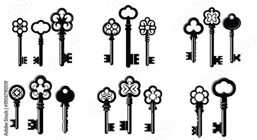 Collection of vintage skeleton keys in black and white ornate designs