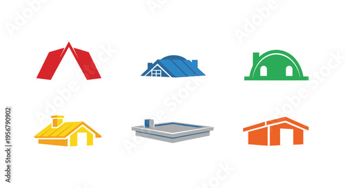 Collection of colorful roof icons representing different architectural styles high quality