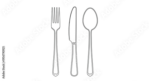 Simple black and white line drawing of cutlery forks knives and spoons