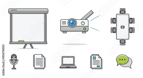 Business presentation technology equipment icons.