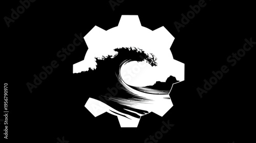 Black and white illustration of a crashing wave inside a gear-shaped frame against a black background