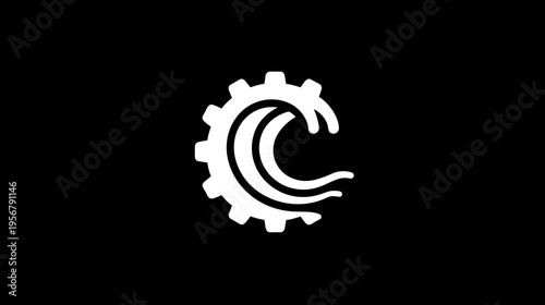 A white gear-like shape is partially integrated with stylized "C" forms on a black background