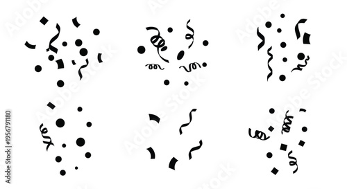 Black confetti and streamers scattered across a white background celebratory design