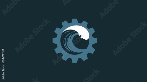 A cogwheel encompassing a stylized wave, colored in blues and white, set against a dark teal background