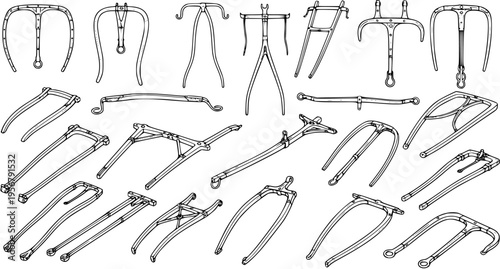 Vintage Bicycle Parts Collection: Historical Handlebar and Frame Designs Line Art Illustration