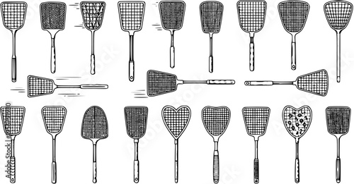 Vintage Engraving Style Fly Swatters and Mesh Spatulas Set. Hand-drawn collection of various insect control tools and kitchen utensils, isolated on white.