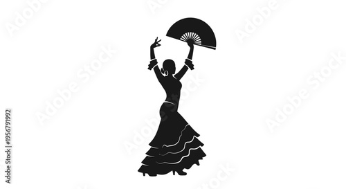 Woman dancing with fan above head.
