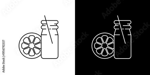 Minimalist line art icon illustration of a refreshing citrus drink in a bottle with a straw and fruit slice. Perfect for healthy beverage designs