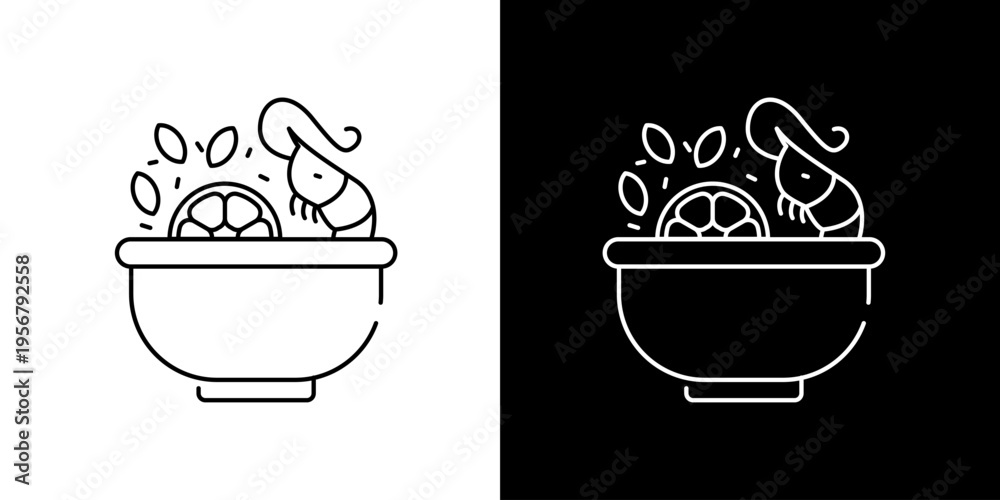 Obraz premium Minimalist line art icon of a delicious shrimp dish with fresh lemon and spices in an elegant bowl, representing healthy seafood cuisine and gourmet meals