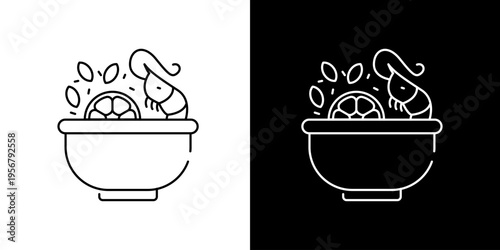 Minimalist line art icon of a delicious shrimp dish with fresh lemon and spices in an elegant bowl, representing healthy seafood cuisine and gourmet meals