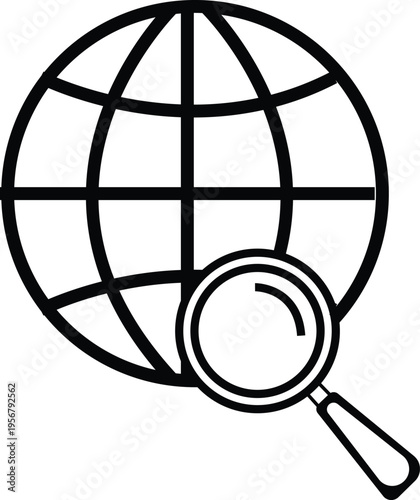 SEO icon. Magnifying glass with upward analytics chart and web page elements representing search engine optimization, website ranking, organic traffic growth, and digital marketing strategy. Minimal v