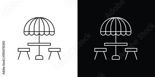 Picnic Table with Umbrella and Stools - Simple Outline Icon Set on Black and White Background